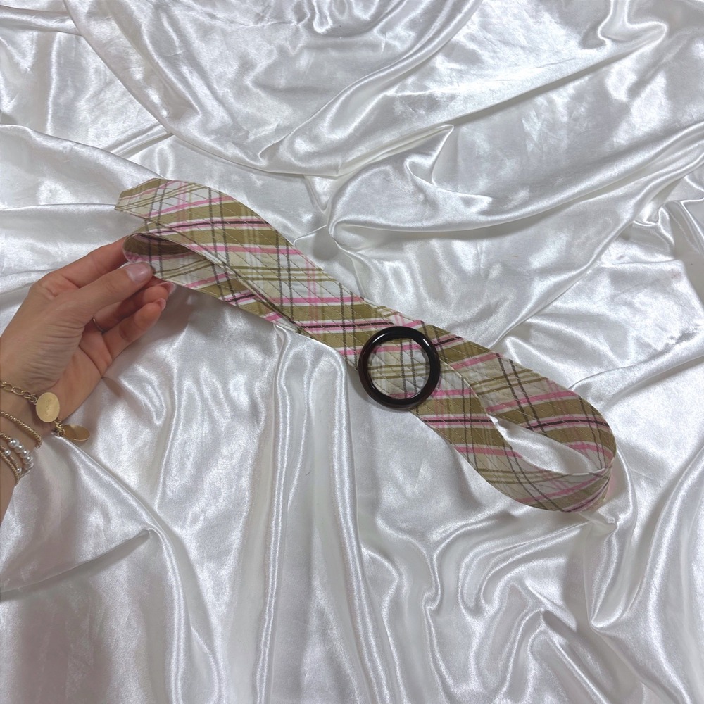 y2k Belt Green Pink Excellent Plaid Fabric Sash Round Buckle Size 6